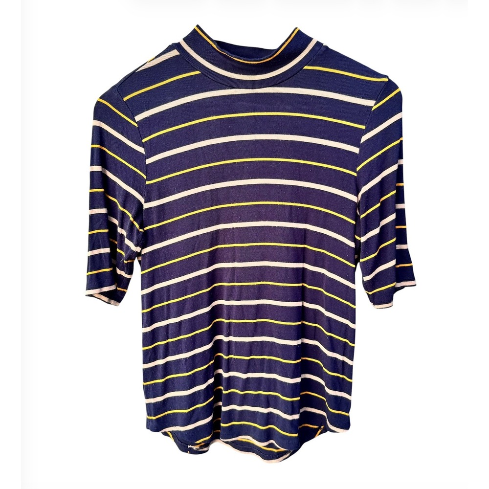 Ann Taylor XS Mock Neck Striped Knit Top Navy Yellow White Short Sleeve